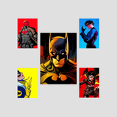 Batman family poster set by Dripster featuring bold colorful portraits of Batman and key family members
